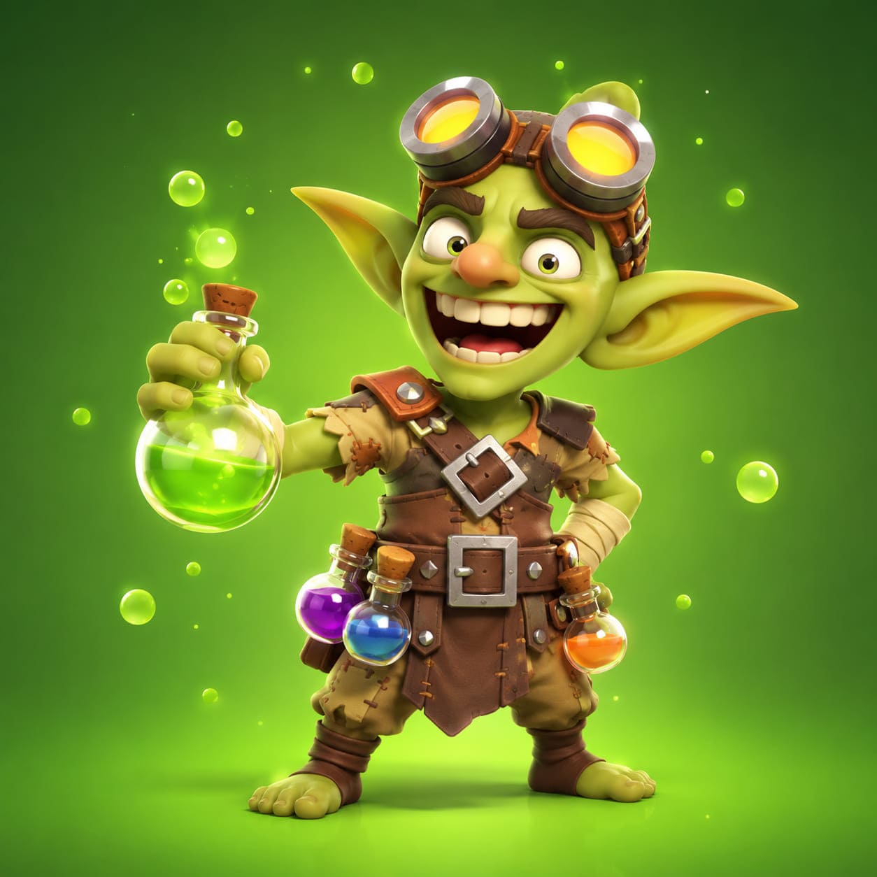 Uśmiechnięty goblin alchemik z goglami i świecącą zieloną miksturą.