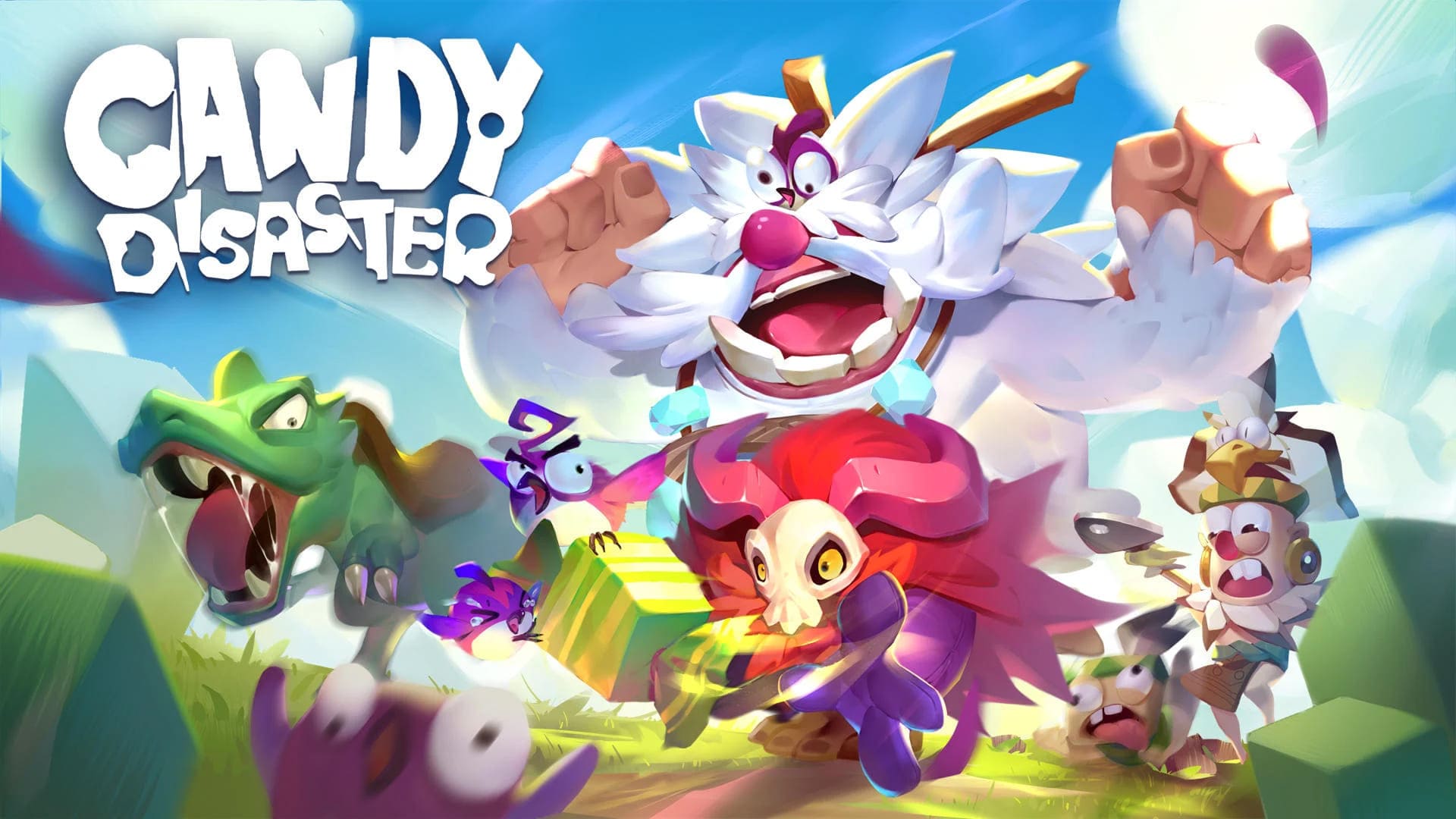 Kluczowa ilustracja Candy Disaster z yetim, potworami, ptakami i bohaterami uciekającymi z energią cukierków.