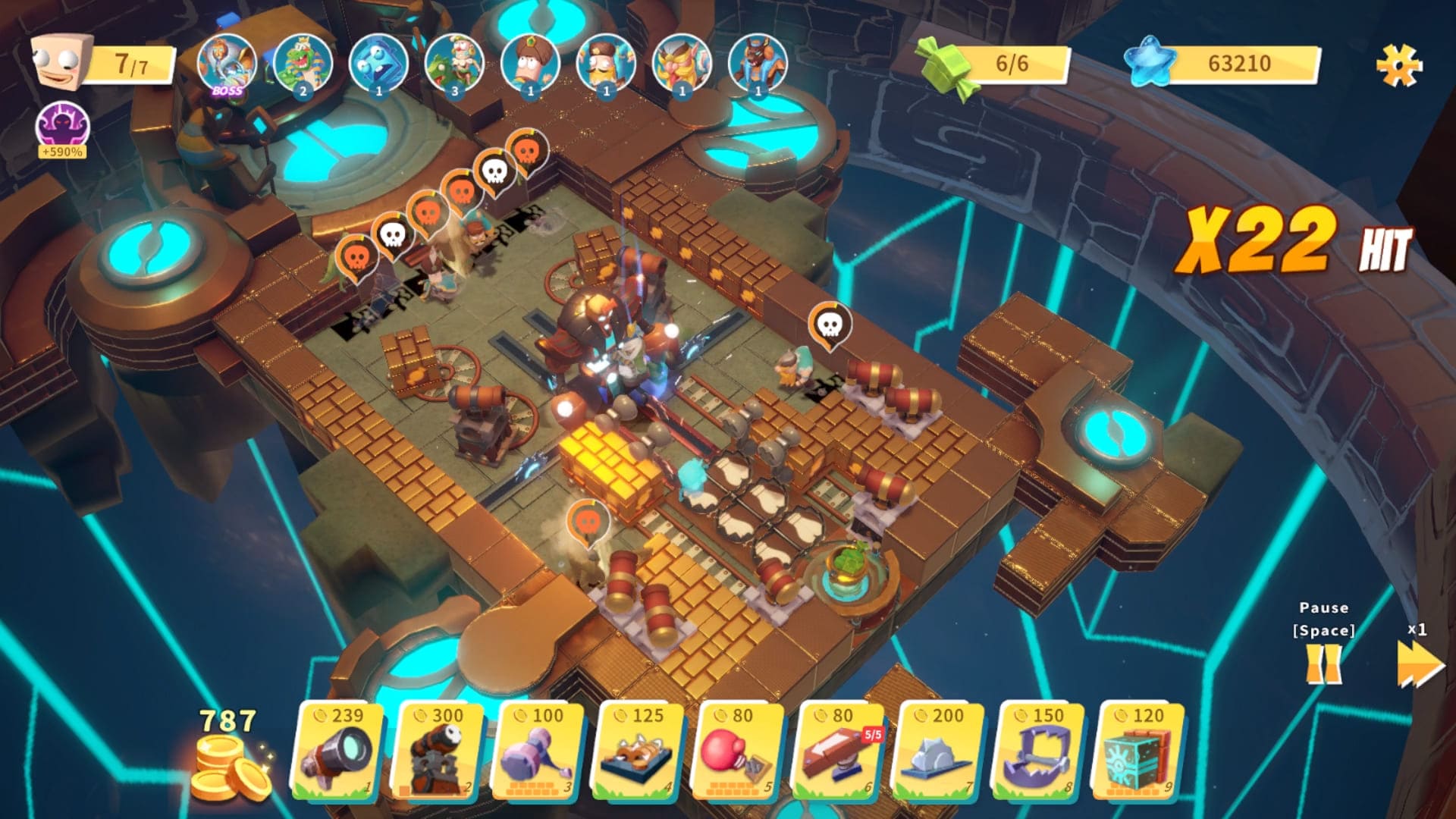 Steampunkowa arena w trakcie wielkiej reakcji łańcuchowej oznaczonej licznikiem dwudziestu dwóch trafień.