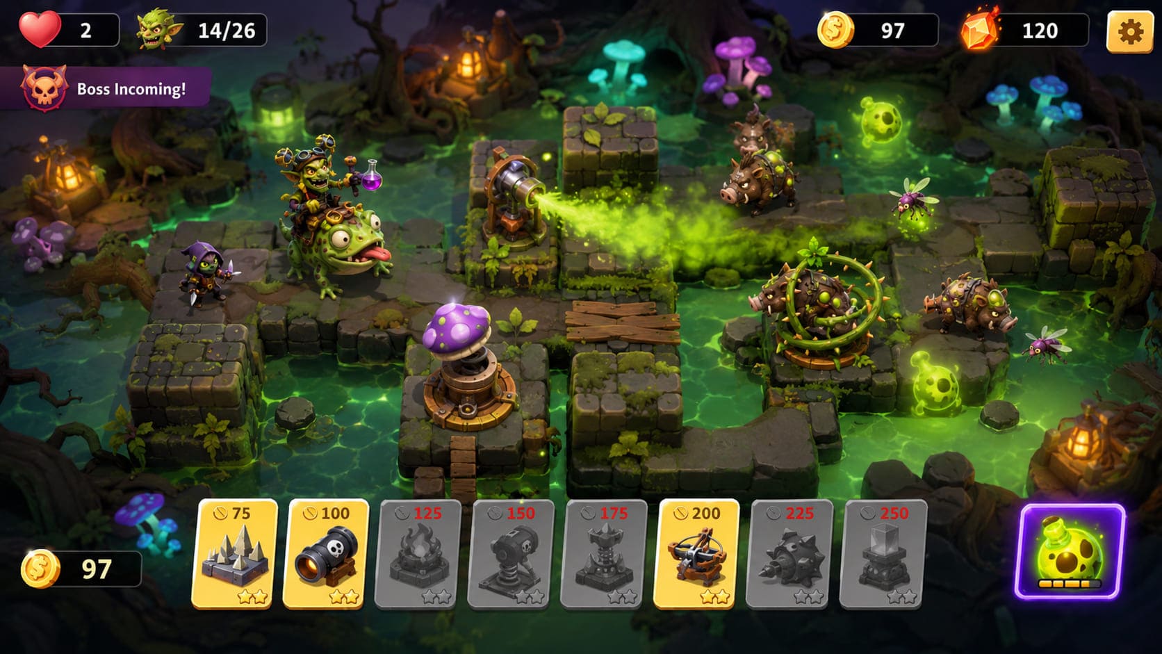 Mroczne toksyczne bagna z goblinem alchemikiem, wielką żabą, dzikami i chmurą trucizny.