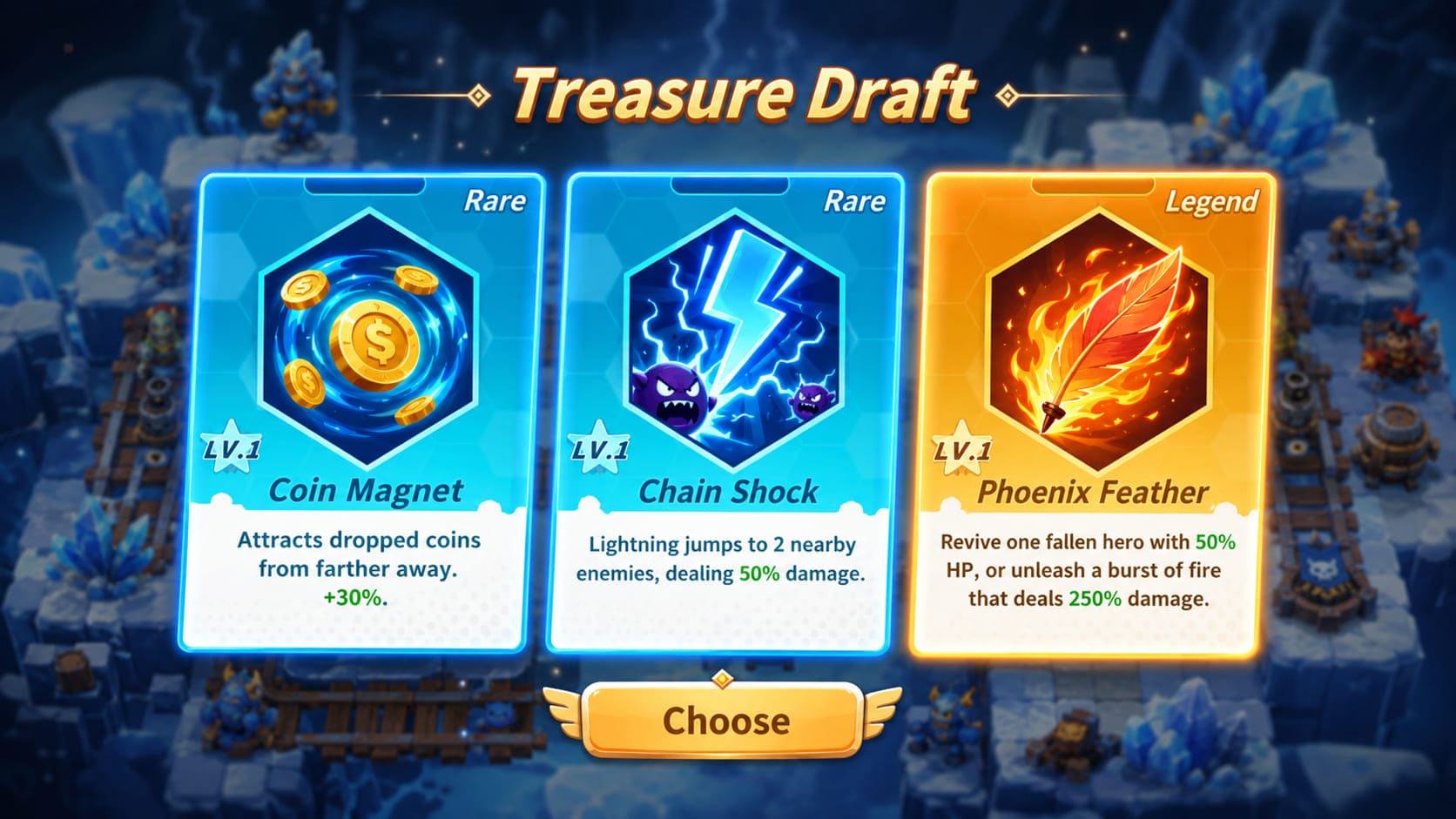 Ekran Treasure Draft z perkami Coin Magnet, Chain Shock i Phoenix Feather.
